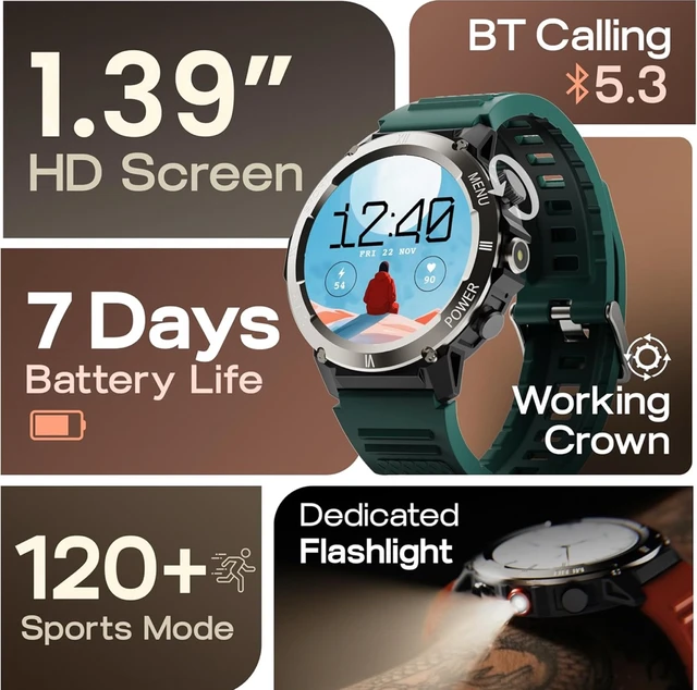 GOBOULT Newly Launched Tuff Hawk Smart Watch 1.39'' HD Display, BT Calling, Working Crown, 150+Watchfaces, 450 Nits Brightness, AI Voice Assistant, SpO2 Monitoring (Green) (Green) - Pine Green