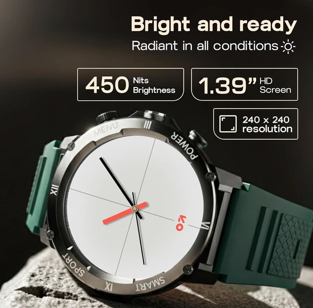 GOBOULT Newly Launched Tuff Hawk Smart Watch 1.39'' HD Display, BT Calling, Working Crown, 150+Watchfaces, 450 Nits Brightness, AI Voice Assistant, SpO2 Monitoring (Green) (Green) - Pine Green