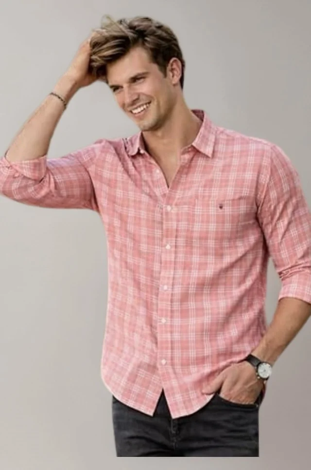 Louis Philippe Men's Slim Fit Premium Cotton Easy Care, Soft Handfeel Full Sleeve Checks Casual Shirt - 39, pink