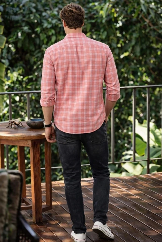 Louis Philippe Men's Slim Fit Premium Cotton Easy Care, Soft Handfeel Full Sleeve Checks Casual Shirt - 39, pink