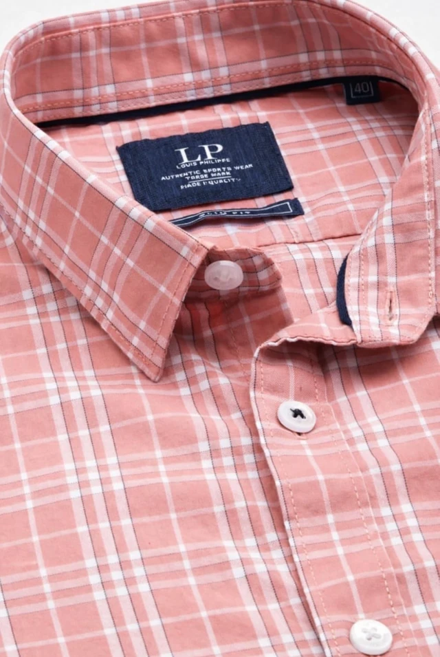 Louis Philippe Men's Slim Fit Premium Cotton Easy Care, Soft Handfeel Full Sleeve Checks Casual Shirt - 39, pink
