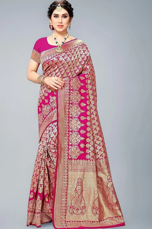 Yashika Women's Trendy Banarasi Kanjivaram Navy Color Art Silk Saree with Blouse Material - pink