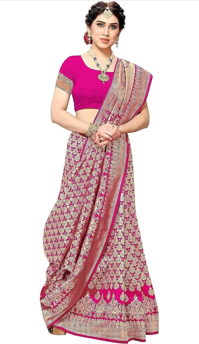 Yashika Women's Trendy Banarasi Kanjivaram Navy Color Art Silk Saree with Blouse Material - pink