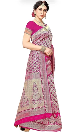 Yashika Women's Trendy Banarasi Kanjivaram Navy Color Art Silk Saree with Blouse Material - pink