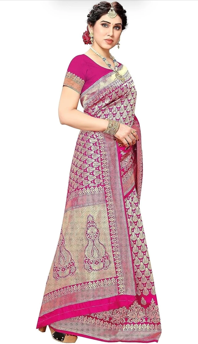 Yashika Women's Trendy Banarasi Kanjivaram Navy Color Art Silk Saree with Blouse Material - pink