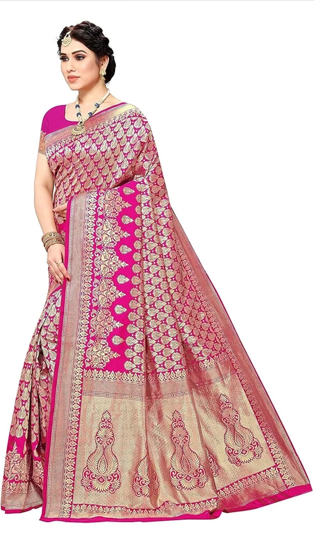 Yashika Women's Trendy Banarasi Kanjivaram Navy Color Art Silk Saree with Blouse Material - pink