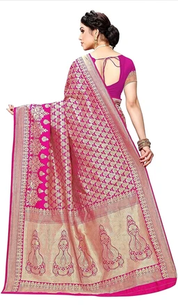 Yashika Women's Trendy Banarasi Kanjivaram Navy Color Art Silk Saree with Blouse Material - pink