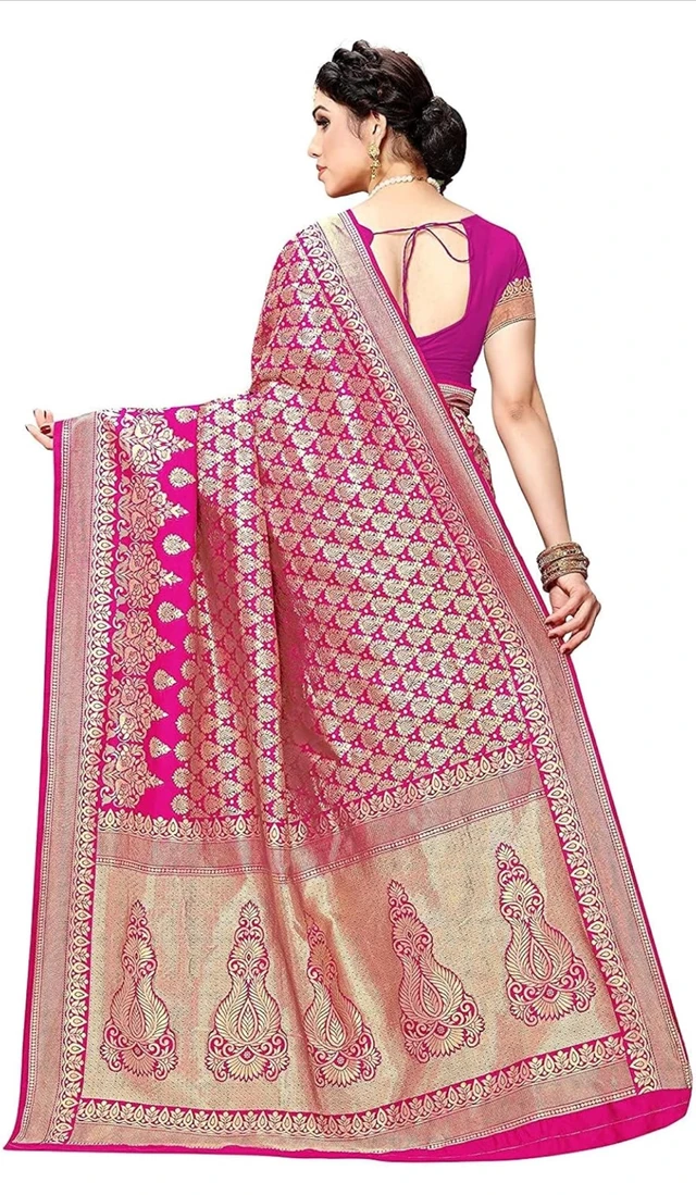 Yashika Women's Trendy Banarasi Kanjivaram Navy Color Art Silk Saree with Blouse Material - pink