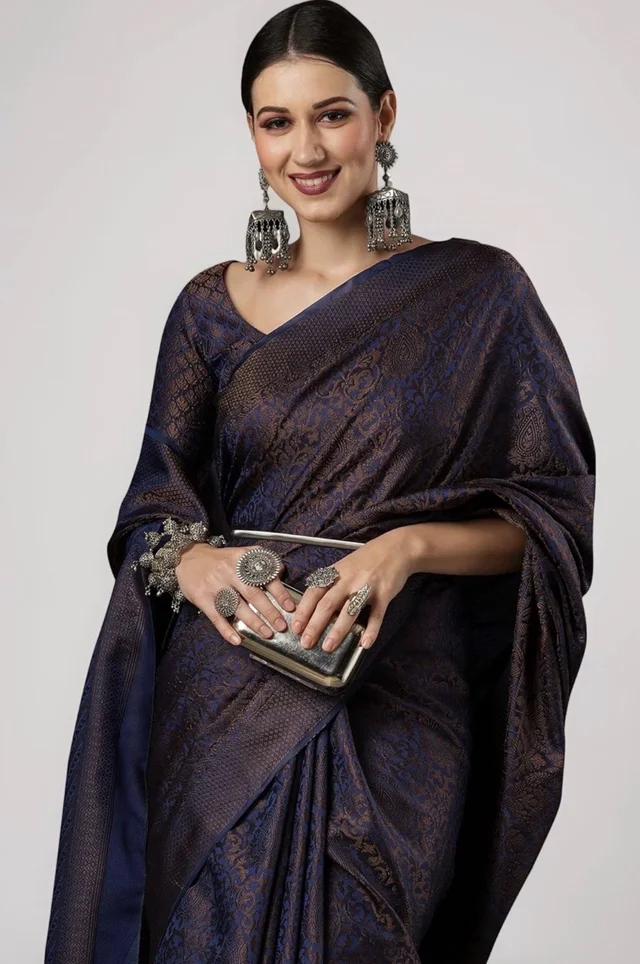 AKHILAM Women's Kanjivaram Pure Soft Silk Saree For Women Saree With Unstitched Blouse Piece |Soft banarasi saree for women|silk saree pure silk - Navy Blue