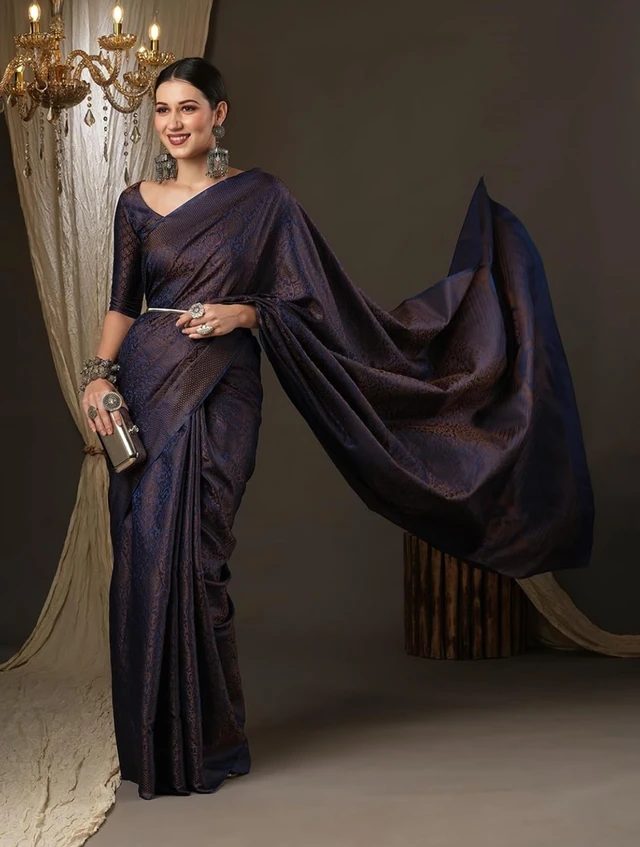 AKHILAM Women's Kanjivaram Pure Soft Silk Saree For Women Saree With Unstitched Blouse Piece |Soft banarasi saree for women|silk saree pure silk - Navy Blue