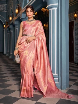 SWORNOF Womens Kanjivaram Silk Saree with Zari Woven Saree With Blouse Piece - pink