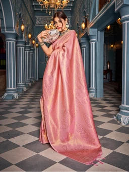 SWORNOF Womens Kanjivaram Silk Saree with Zari Woven Saree With Blouse Piece - pink