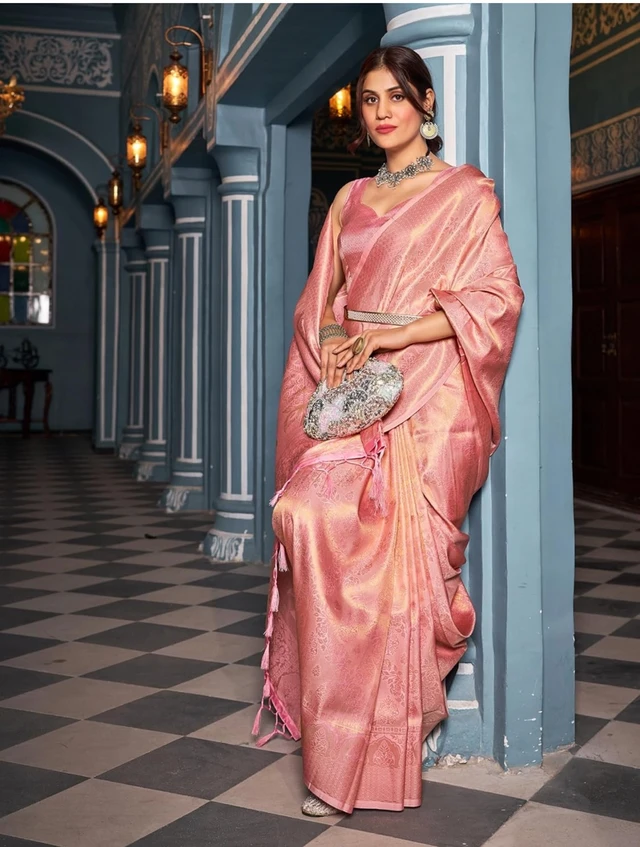 SWORNOF Womens Kanjivaram Silk Saree with Zari Woven Saree With Blouse Piece - pink