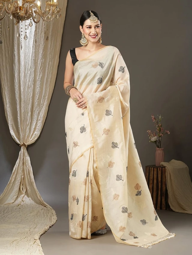 AKHILAM Women's Banarasi Silk Blend Embroidered Solid Border Saree With Unstitched Blouse Piece (6KAVI601_Parent)
- Cream