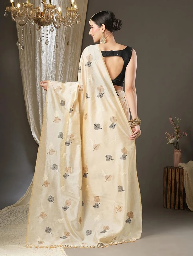 AKHILAM Women's Banarasi Silk Blend Embroidered Solid Border Saree With Unstitched Blouse Piece (6KAVI601_Parent)
- Cream