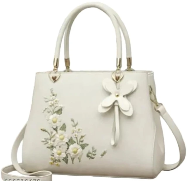 Women's White Handbag with Floral Embroidery, Bow Charm, Dual Handle, Crossbody Strap