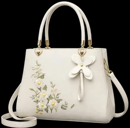 Women's White Handbag with Floral Embroidery, Bow Charm, Dual Handle, Crossbody Strap