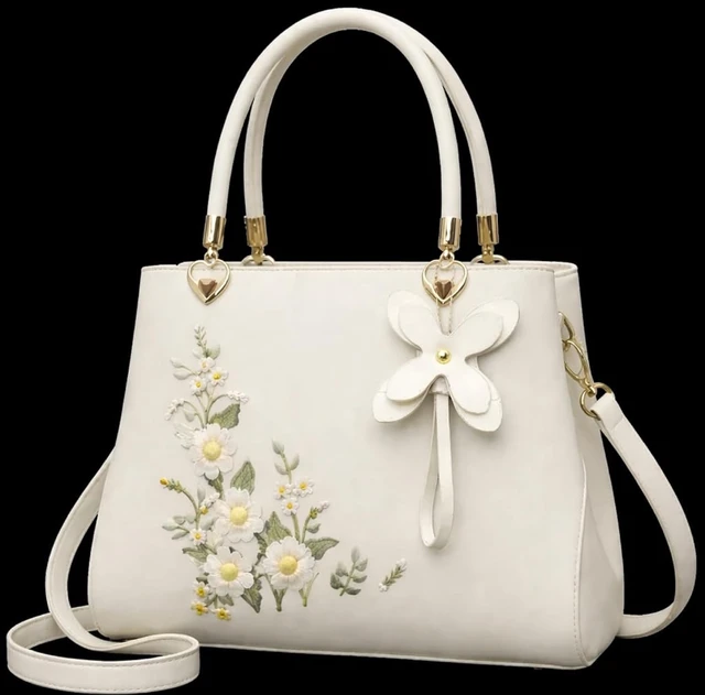 Women's White Handbag with Floral Embroidery, Bow Charm, Dual Handle, Crossbody Strap
