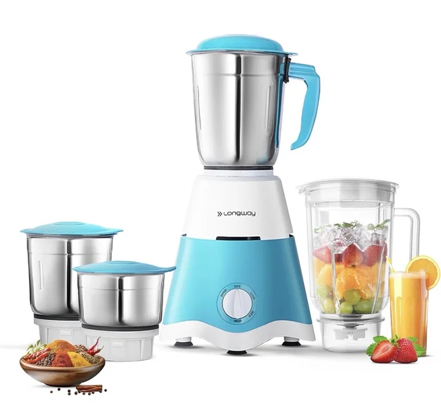 Long way Longway Super Dlx Juicer Mixer Grinder | Up to 750W Max Output Powerful Motor | 4 Jars for Grinding, Mixing, Juicing | 2 Year Warranty | Blue & White