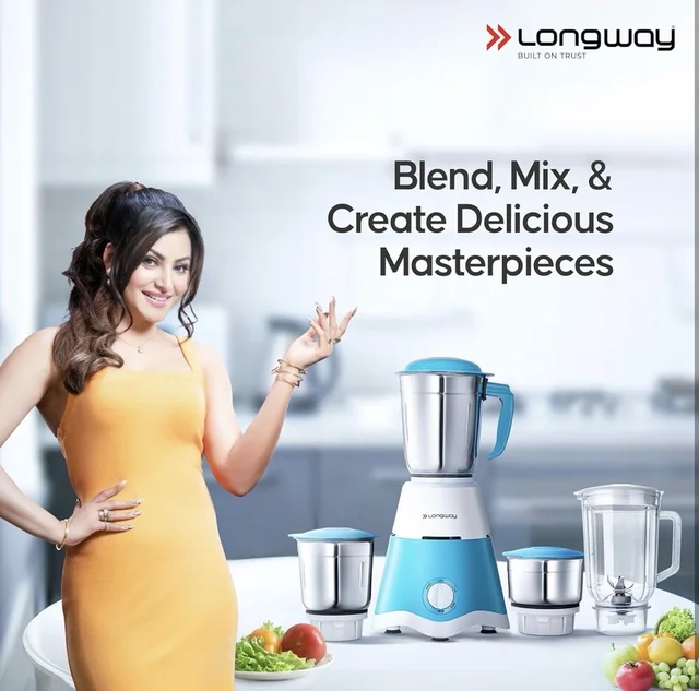 Long way Longway Super Dlx Juicer Mixer Grinder | Up to 750W Max Output Powerful Motor | 4 Jars for Grinding, Mixing, Juicing | 2 Year Warranty | Blue & White