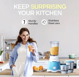 Long way Longway Super Dlx Juicer Mixer Grinder | Up to 750W Max Output Powerful Motor | 4 Jars for Grinding, Mixing, Juicing | 2 Year Warranty | Blue & White