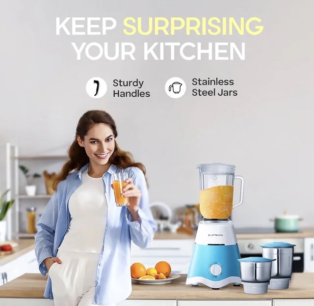 Long way Longway Super Dlx Juicer Mixer Grinder | Up to 750W Max Output Powerful Motor | 4 Jars for Grinding, Mixing, Juicing | 2 Year Warranty | Blue & White