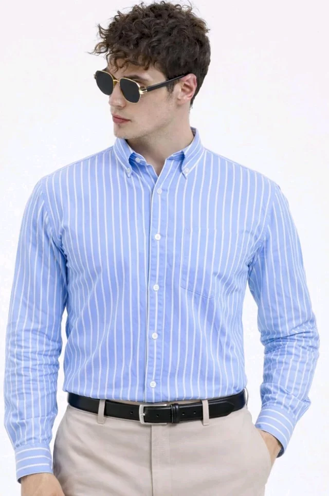 U TURN Men's Casual Printed Striped Stylish Latest Formal Shirt for Men | Cotton Mix 220 GSM - S, Lightblue