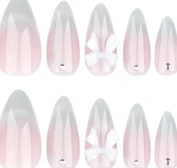 Nakhi 24 Reusable Artificial Fake Nail Set |Base Peach colour with Silver White Bow Design Glossy Nails | Lightweight & Long Lasting| Quick Fix For Festivals & Special Occasions