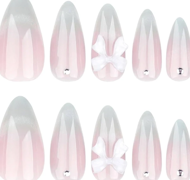 Nakhi 24 Reusable Artificial Fake Nail Set |Base Peach colour with Silver White Bow Design Glossy Nails | Lightweight & Long Lasting| Quick Fix For Festivals & Special Occasions