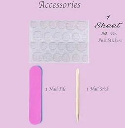 Nakhi 24 Reusable Artificial Fake Nail Set |Base Peach colour with Silver White Bow Design Glossy Nails | Lightweight & Long Lasting| Quick Fix For Festivals & Special Occasions
