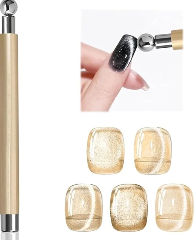THR3E STROKES Essentials Cat Eye Magnetic for Nails Double-Head Nail Magnet Sturdy Cat Eye Magnet for Nails with Round Magnetic Bead Multifunctional Magnet for Cat Eye Gel Polish Home DIY (BALL MAGNET) (GOLD)