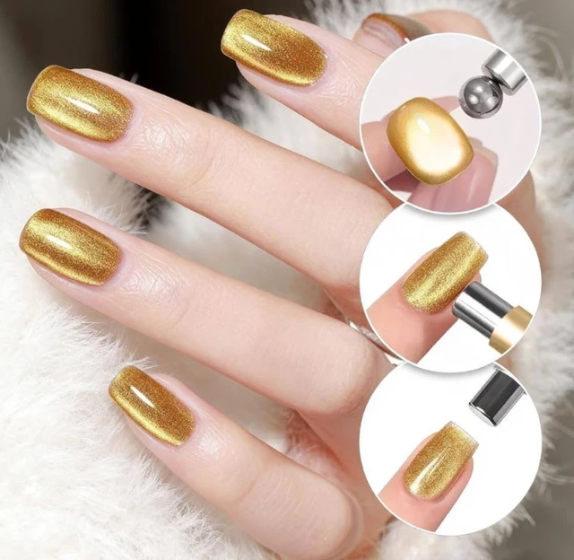 THR3E STROKES Essentials Cat Eye Magnetic for Nails Double-Head Nail Magnet Sturdy Cat Eye Magnet for Nails with Round Magnetic Bead Multifunctional Magnet for Cat Eye Gel Polish Home DIY (BALL MAGNET) (GOLD)