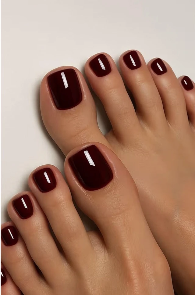 Professional Square Shaped Press-On Nails Set, Deep Wine Red Color, Pack of 24 Toe Artificial Nails with Application Kit (Toe Nails 24, Deep Wine Red)