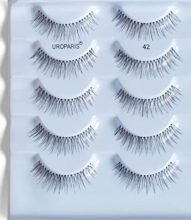 Uroparis 42 Eyelashes for Women — Pack of 5 Tapered Handmade Eye Lashes | Lightweight False Lashes with Premium Virgin Hair | Invisible Band | For Glam Look & Enhance Beauty (Black) - 5 Pair