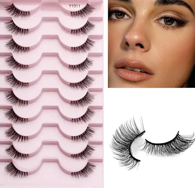 Mayklen Self Adhesive False Eyelashes Natural Look - 10 Pairs, Wispy Faux Mink Eye Lashes For Women Cat Eye Fake Lashes Volume Strip False Eyelash Extension DIY Half Lashes For Women
