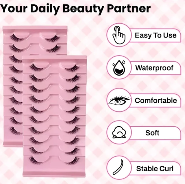 Mayklen Self Adhesive False Eyelashes Natural Look - 10 Pairs, Wispy Faux Mink Eye Lashes For Women Cat Eye Fake Lashes Volume Strip False Eyelash Extension DIY Half Lashes For Women