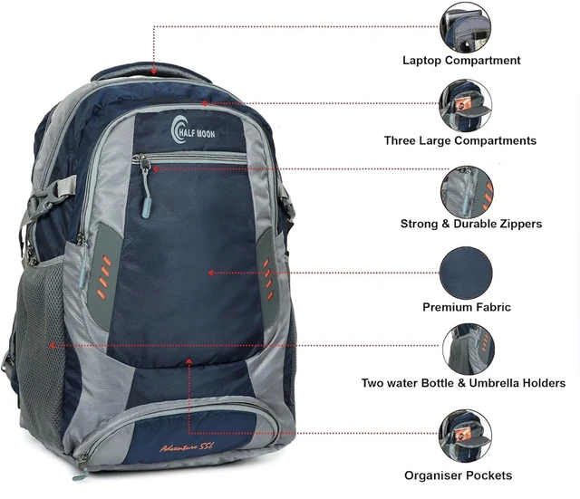 Half Moon Extra Large Size 55L Waterproof Rucksack Bags/Trekking Back packs for Man Woman | Luggage Bag for Travelling with Laptop Compartment | For Hiking, Travel Tracking Backpack for Men & Women