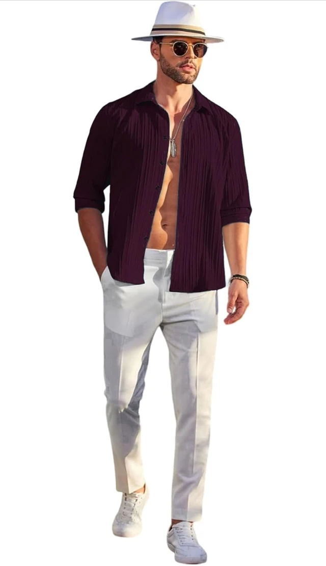 DEELMO Men's Casual Button Down Shirts Long Sleeve Linen Shirt Fashion Textured Beach Summer Shirt
- L, wine