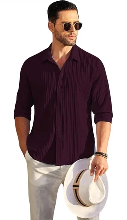 DEELMO Men's Casual Button Down Shirts Long Sleeve Linen Shirt Fashion Textured Beach Summer Shirt
- L, wine