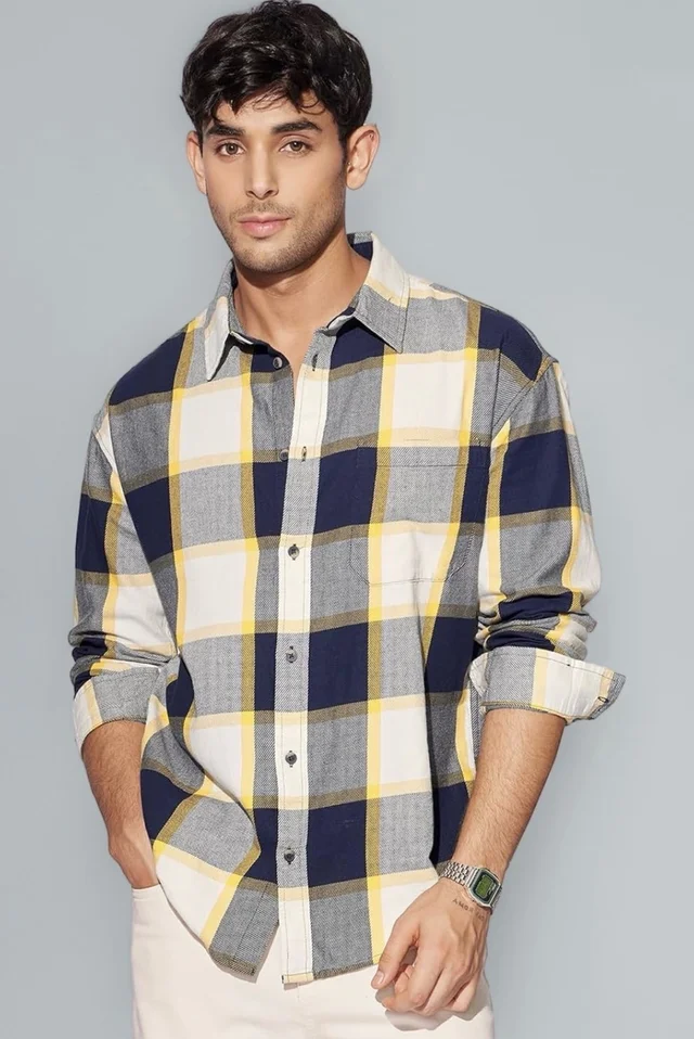 The Souled Store Men's Plaid Relaxed Fit Button Down Shirt - L