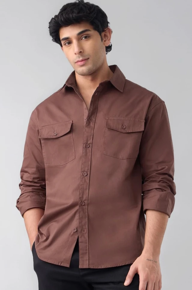 The Souled Store Utility Shirt: Merlot Men and Boys Long Sleeve Spread Collar Button Front Brown Solid Cotton Regular Utility Shirt - L
