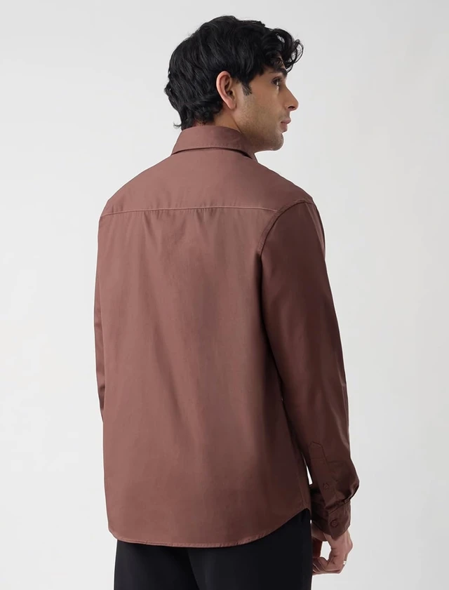 The Souled Store Utility Shirt: Merlot Men and Boys Long Sleeve Spread Collar Button Front Brown Solid Cotton Regular Utility Shirt - M