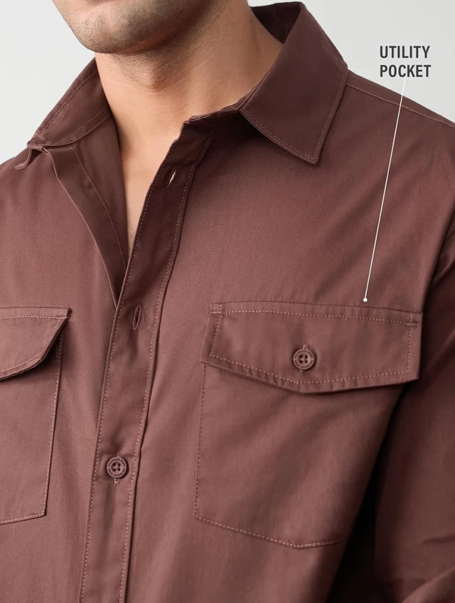 The Souled Store Utility Shirt: Merlot Men and Boys Long Sleeve Spread Collar Button Front Brown Solid Cotton Regular Utility Shirt - S