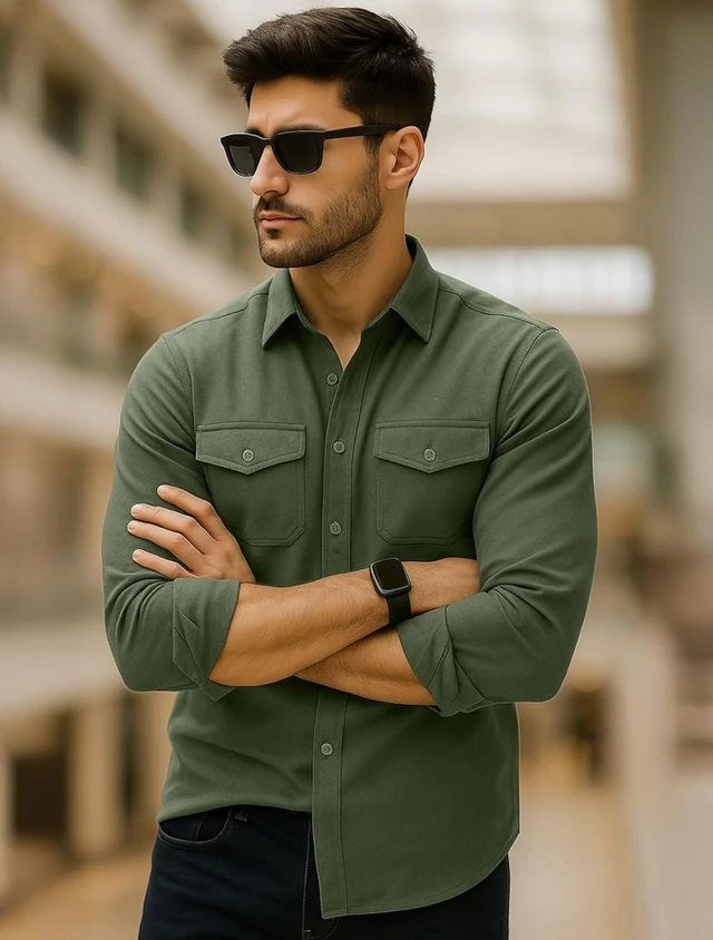Veirdo® Men's Pure Cotton Utility Shirt | Full Sleeve Casual Button-Down with Dual Chest Pockets | Stylish & Comfortable Everyday Wear | Colors: Beige, Black, Maroon, Olive, Rust & White - S