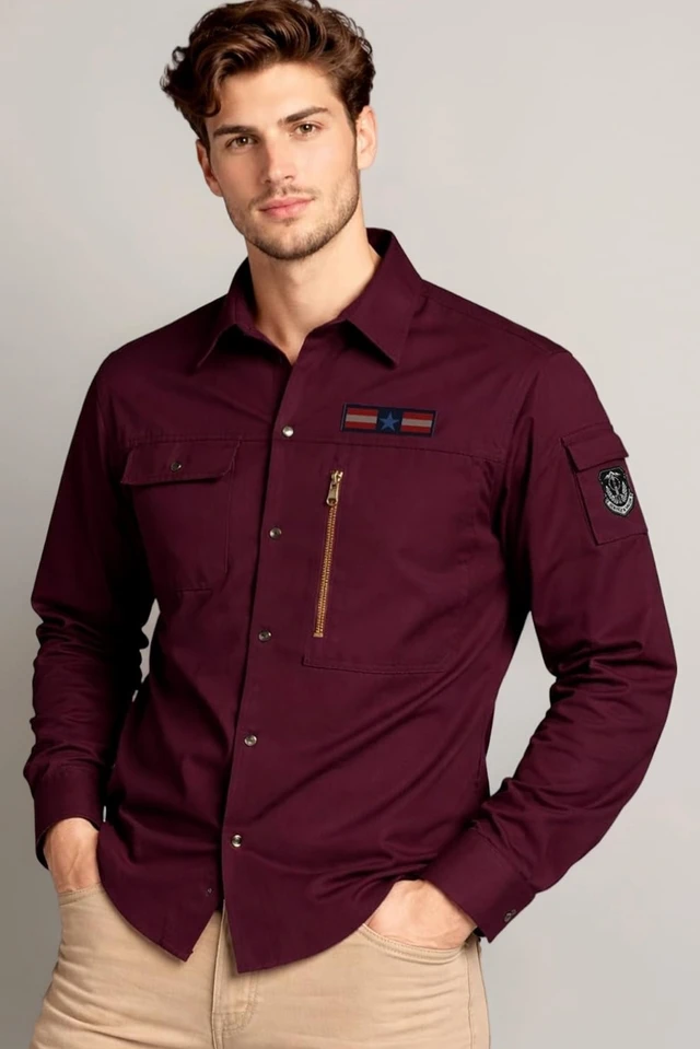 ADRO Men’s Solid Cargo Shirt| Premium Cotton Casual Shirts for Men | Zipper Pocket & Military Style Velcro Badge | Limited Stock - S
