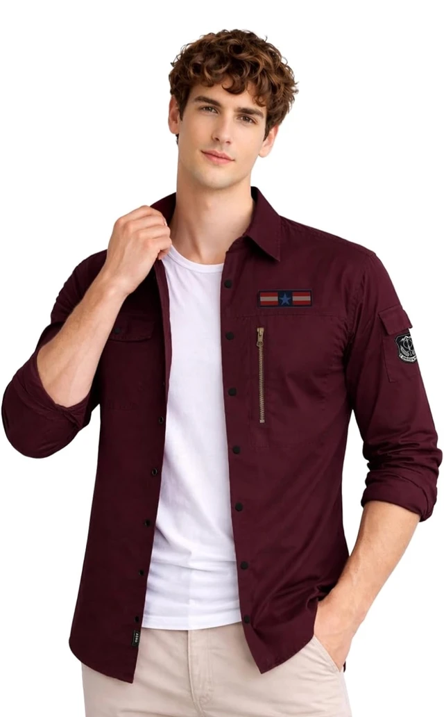 ADRO Men’s Solid Cargo Shirt| Premium Cotton Casual Shirts for Men | Zipper Pocket & Military Style Velcro Badge | Limited Stock - S