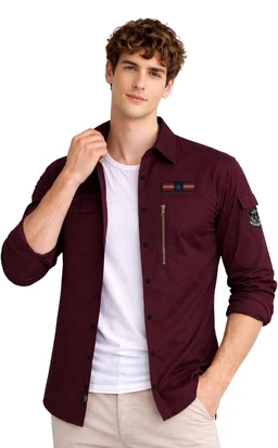 ADRO Men’s Solid Cargo Shirt| Premium Cotton Casual Shirts for Men | Zipper Pocket & Military Style Velcro Badge | Limited Stock - L