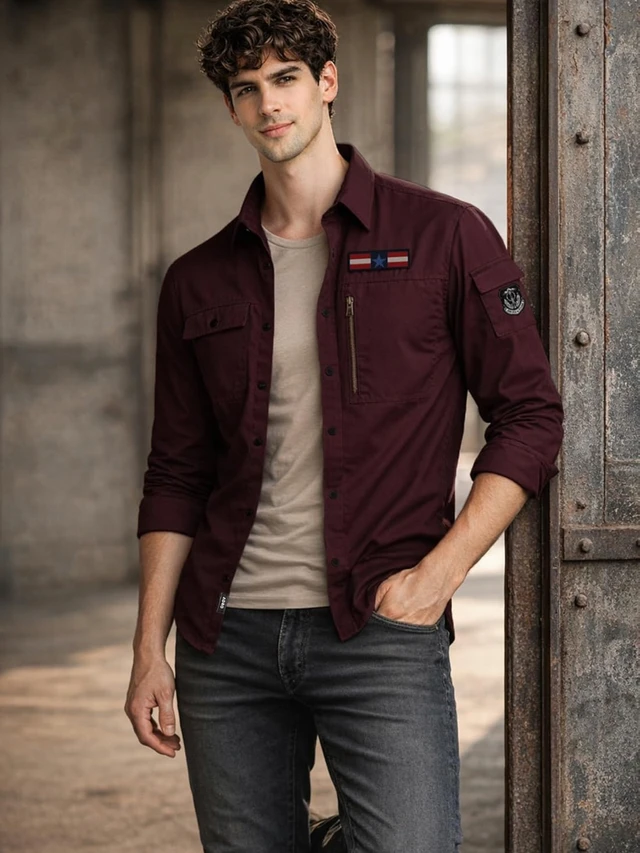 ADRO Men’s Solid Cargo Shirt| Premium Cotton Casual Shirts for Men | Zipper Pocket & Military Style Velcro Badge | Limited Stock - L