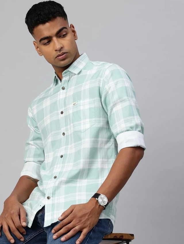 Majestic Man Comfort Slim Fit Pure Cotton Checked Casual Shir - M, Light Green