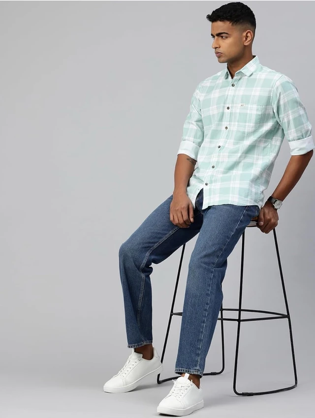 Majestic Man Comfort Slim Fit Pure Cotton Checked Casual Shir - S, Light Green